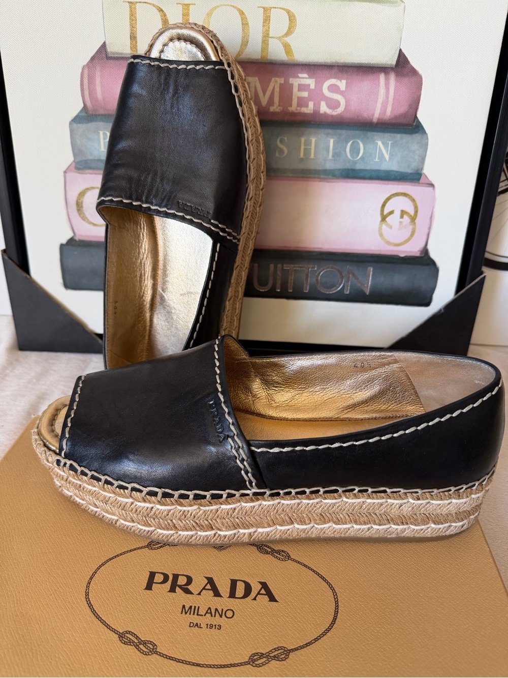 PRADA Black Leather Platform Espadrille Open Toe Shoes